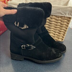 UGG Black Suede Shearling-Cuff Buckle Ankle Boots